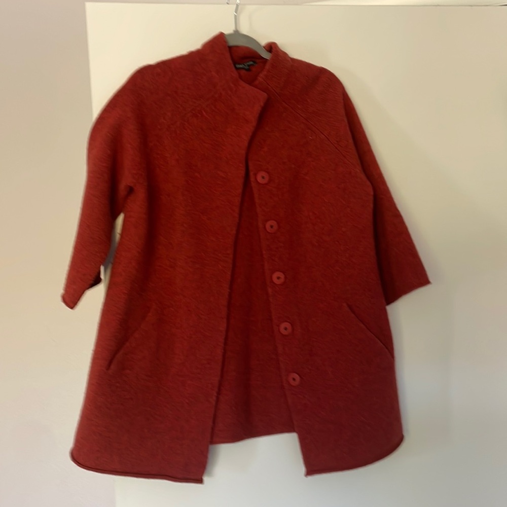 Eileen Fisher wool cardigan. Snap buttons, pockets, 3/4 sleeve. Size M